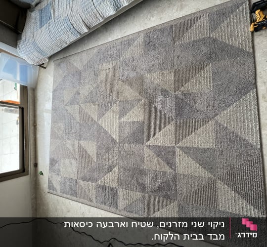 שואב אבק וכלי ניקוי ליד שטיח גיאומטרי